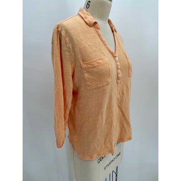 Chico's 3/4 Sleeve Polo Shirt Sz 2 (L) Sherbet Orange 100% Linen Tee Top - Picture 2 of 5